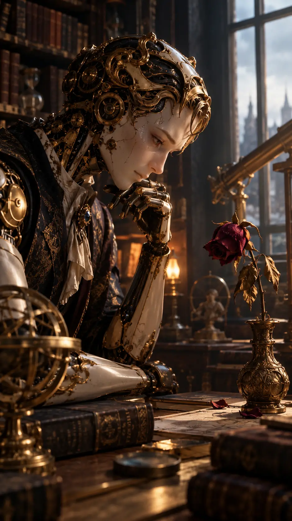 Automate steampunk contemplant une rose fanée dans un cabinet d’étude