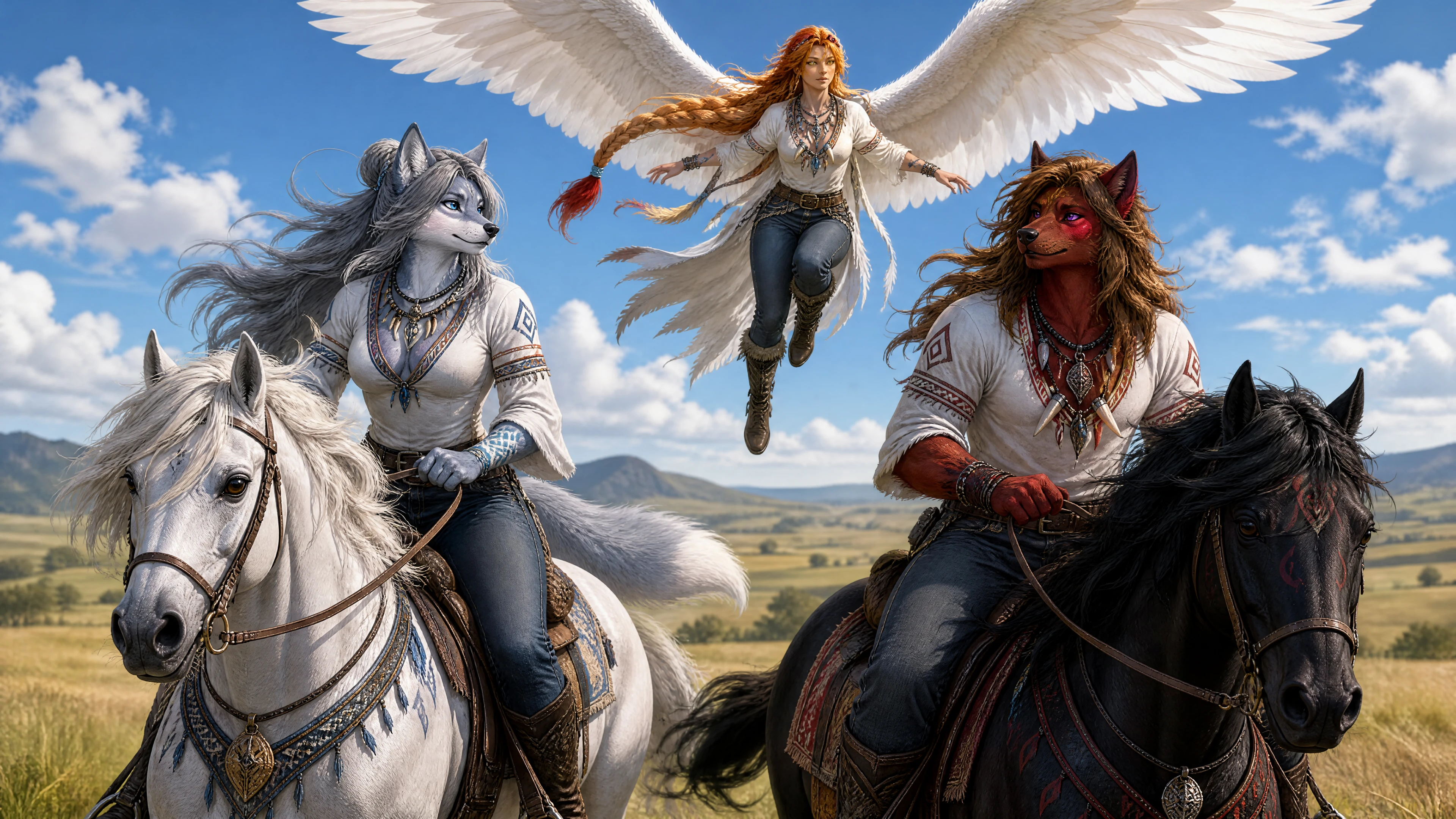 Anthro wolf and hellhound riding across open grassland