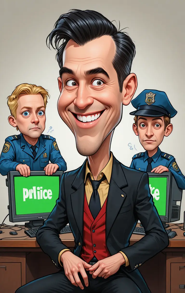 Hombre de caricatura sonriendo con sorna junto a policías confundidos en la computadora