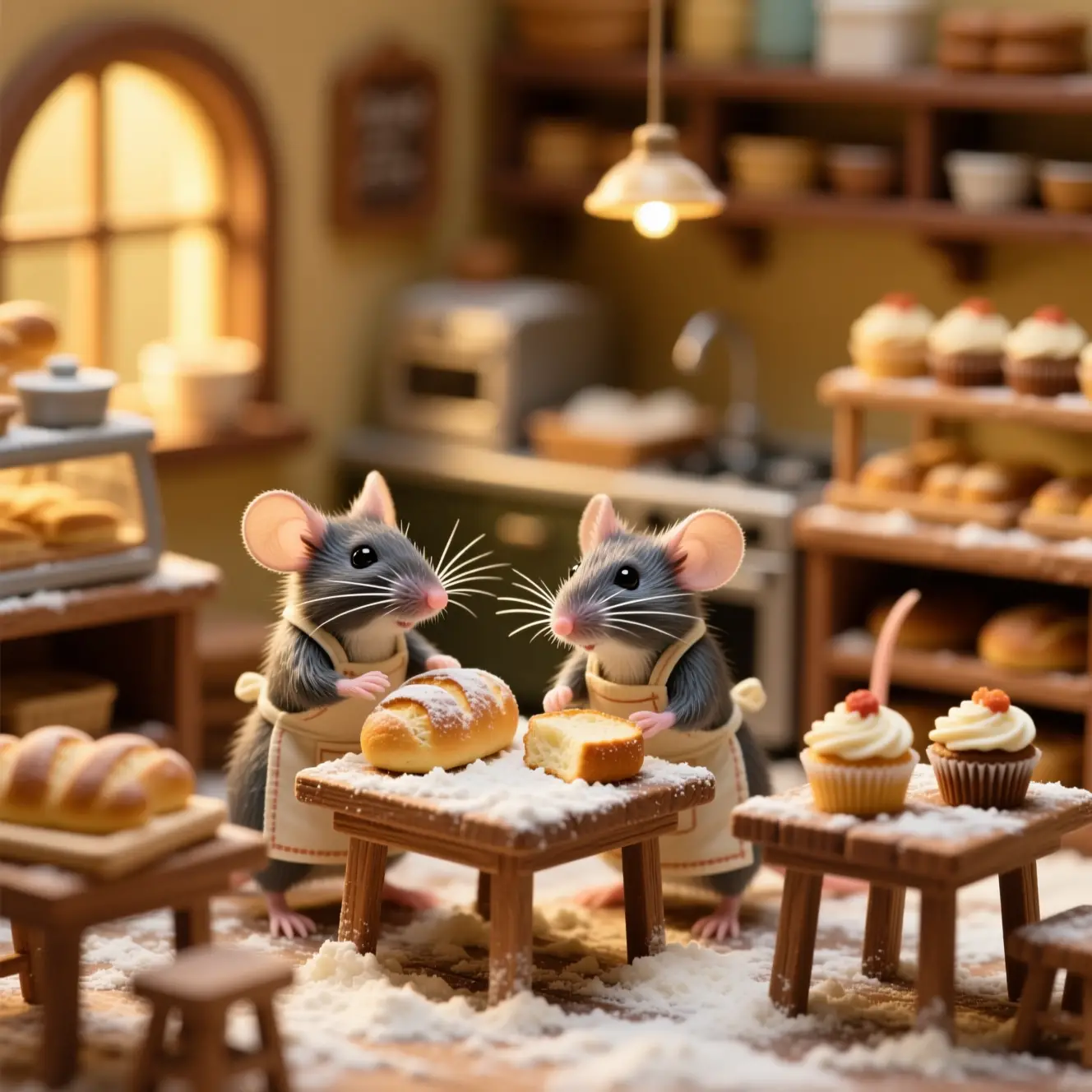 De minuscules souris font du pain dans une chaleureuse boulangerie miniature