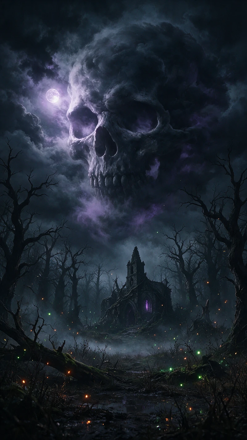 Ghostly skull clouds looming over a haunted moonlit forest