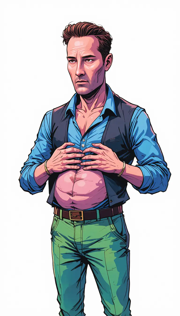 Caricatura de hombre calvo y cansado con barriga de teclas de teclado