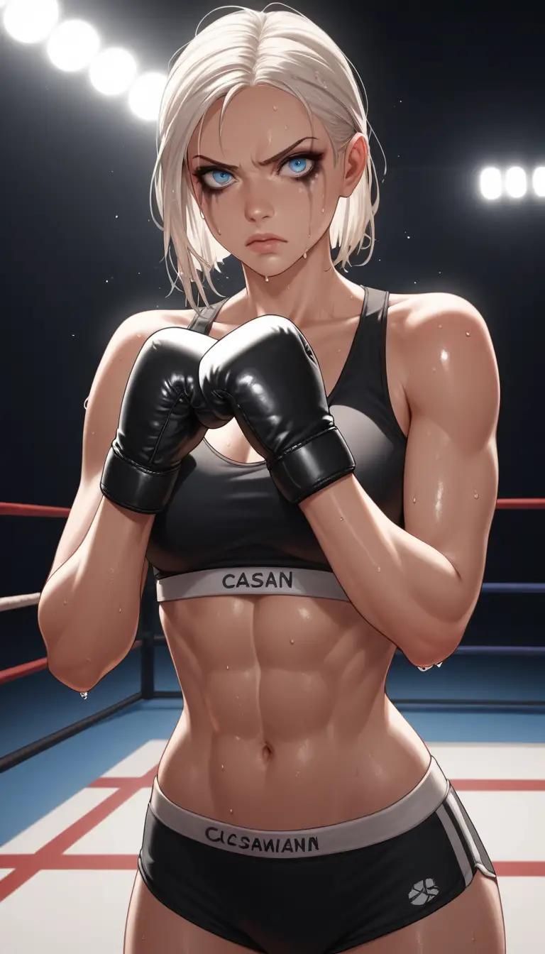 Boxeuse en sueur en garde défensive face à la caméra