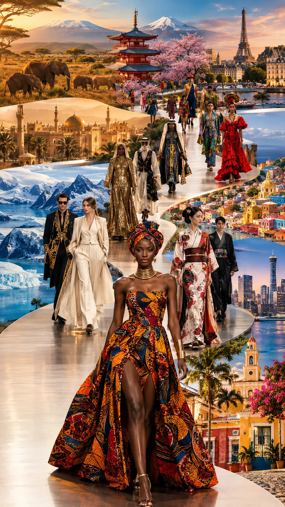 Pasarela global de modelos de moda cruzando diversos paisajes del mundo