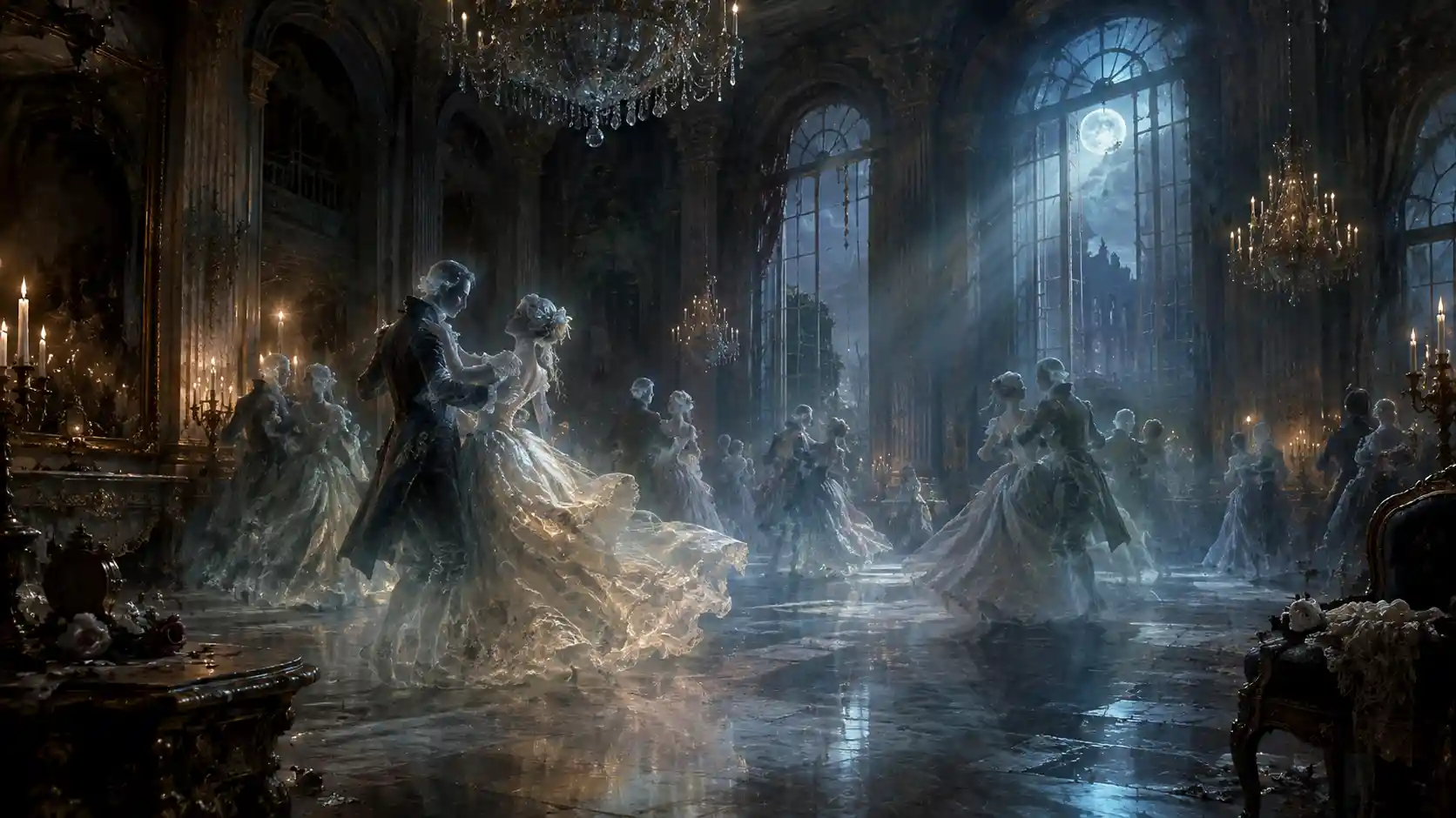 Des danseurs spectraux glissent dans une salle de bal oubliée baignée de clair de lune