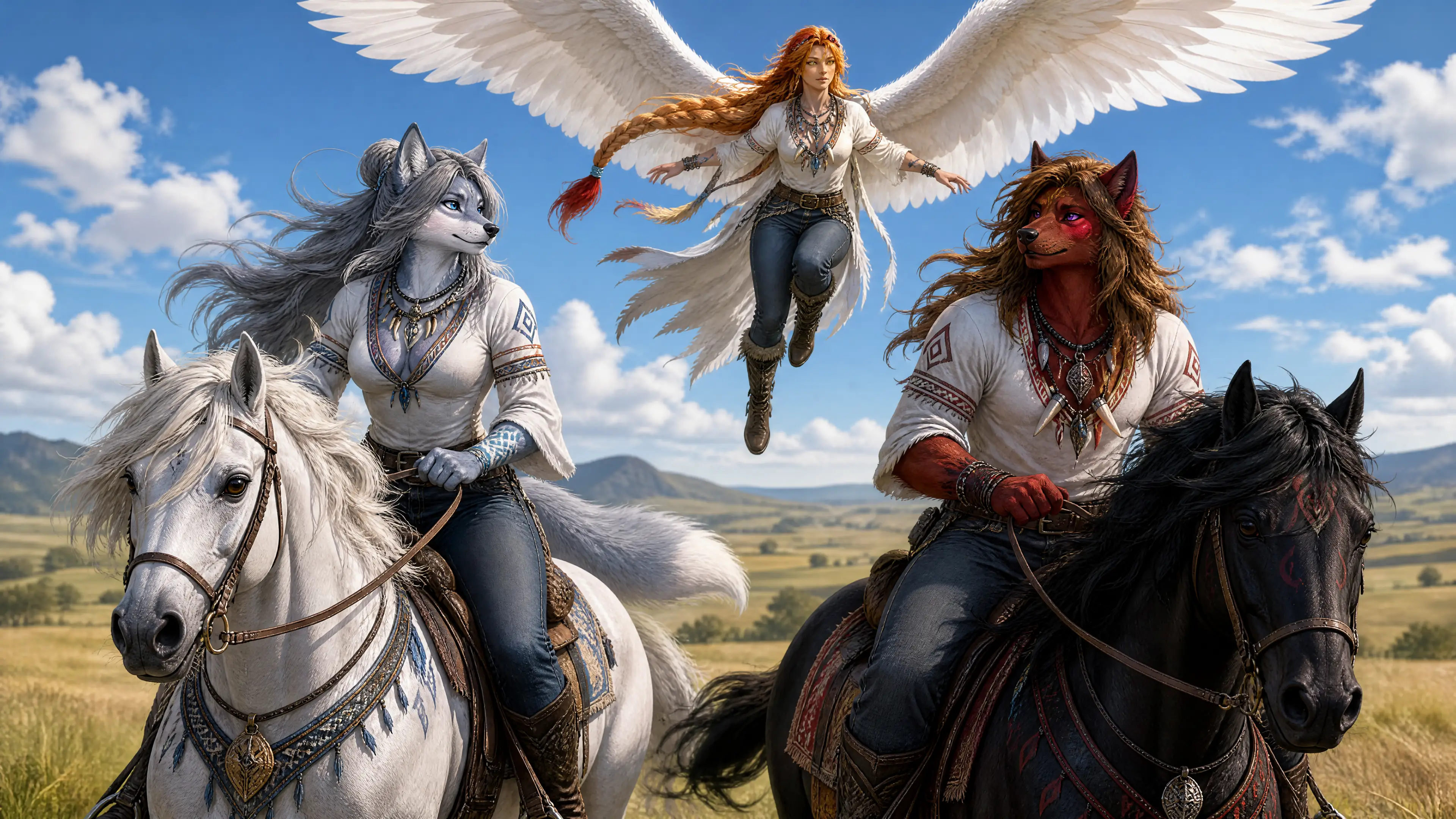 Loup anthro et molosse infernal chevauchant à travers les plaines