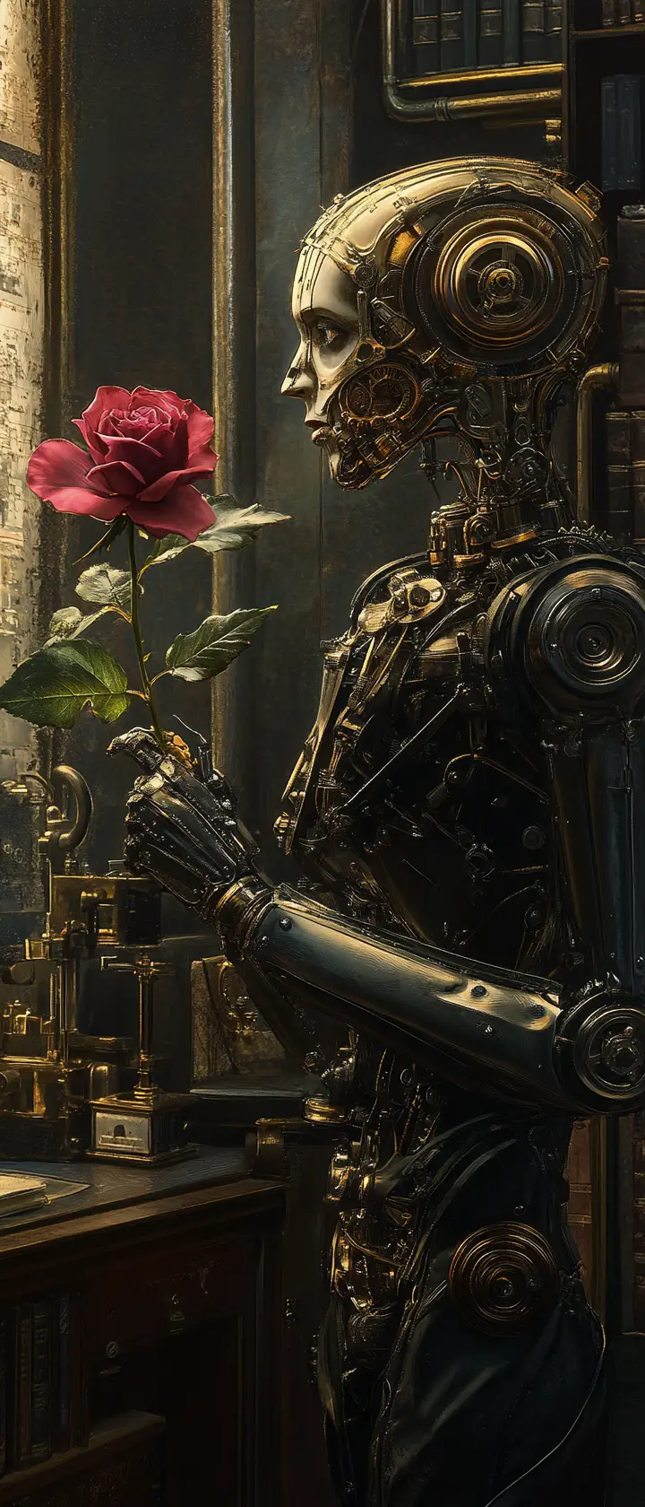 Automate steampunk contemplant une rose fanée dans un cabinet d’étude