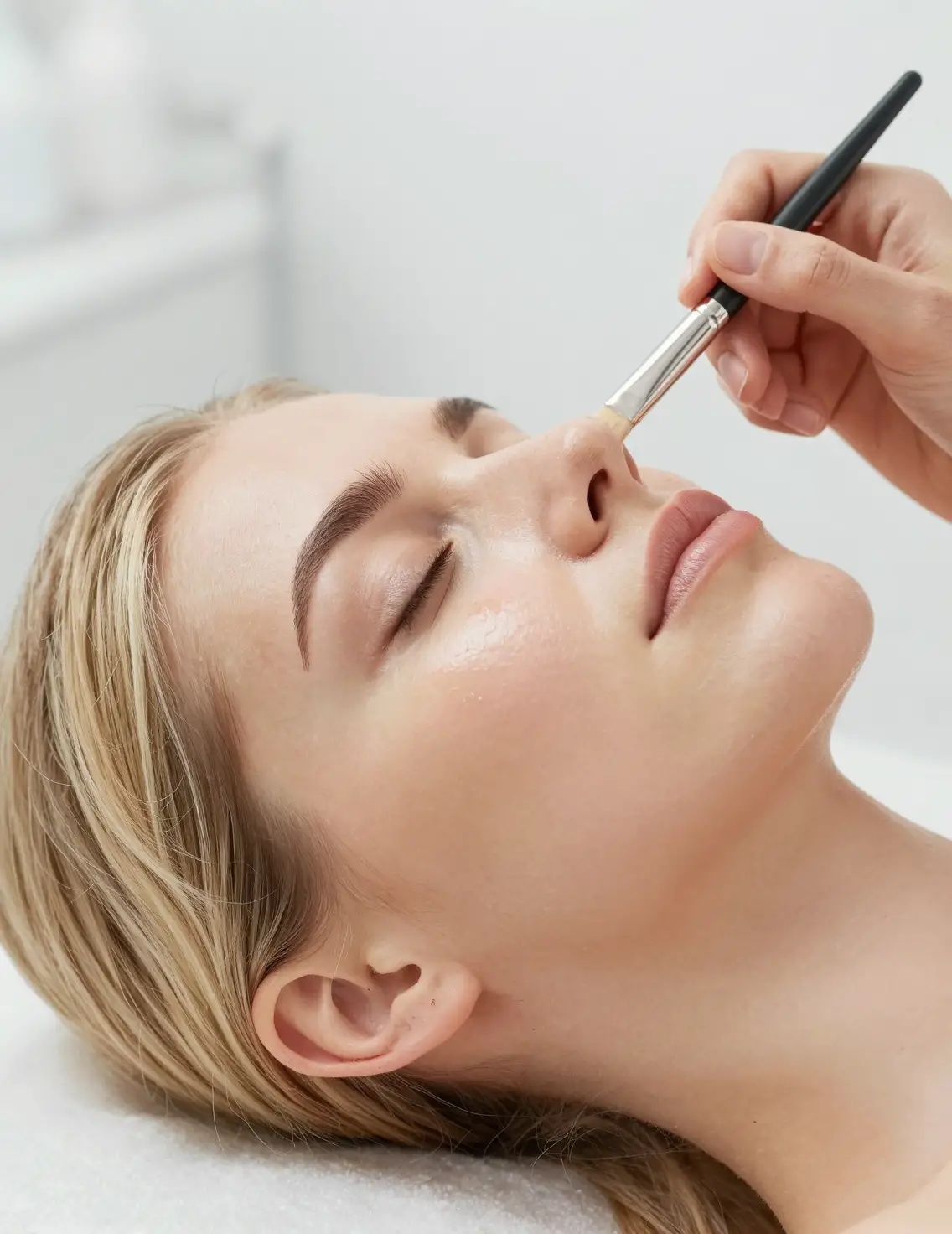 Femme blonde se relaxant lors d’un soin professionnel du visage