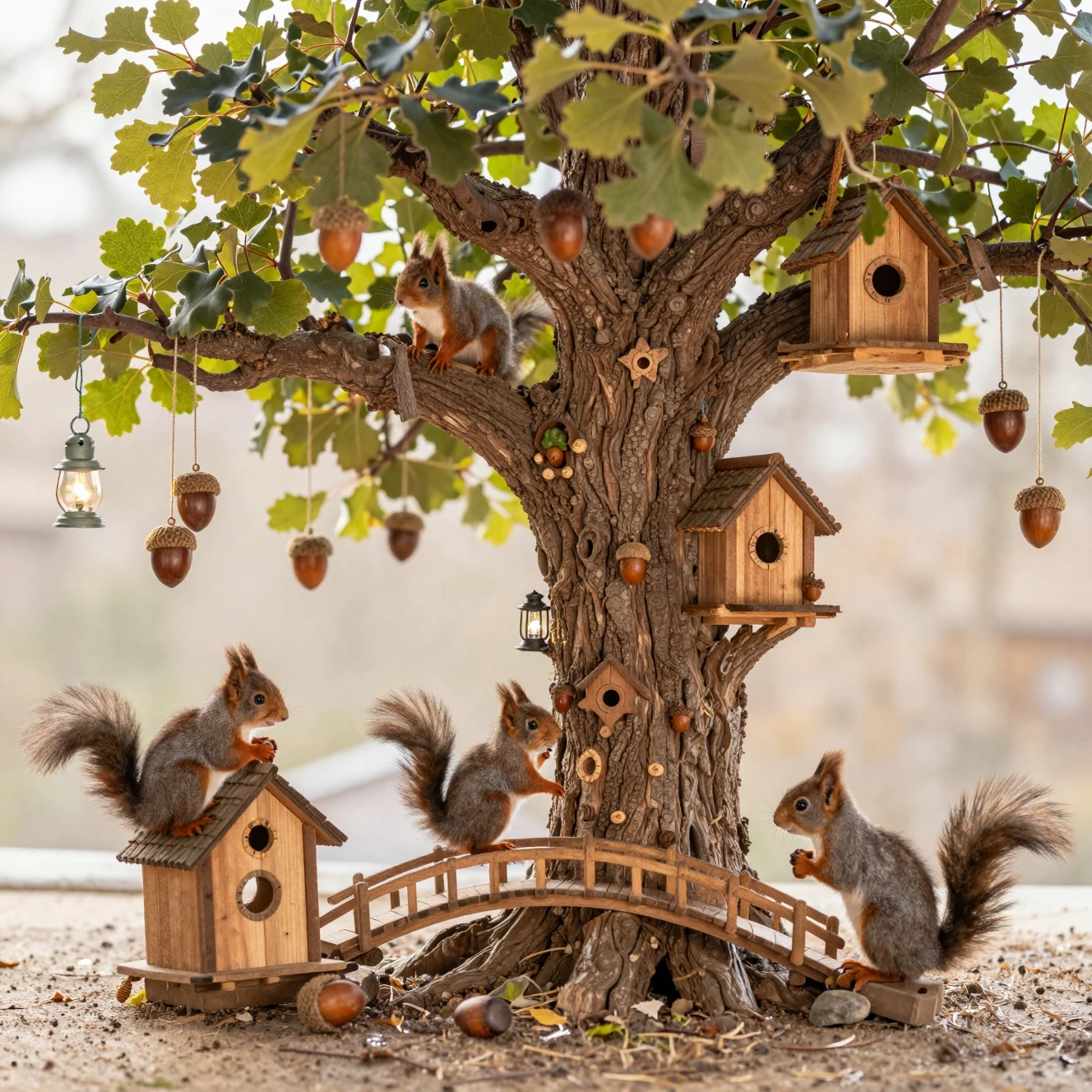 Mágico pueblo en miniatura de ardillas dentro de un gran roble