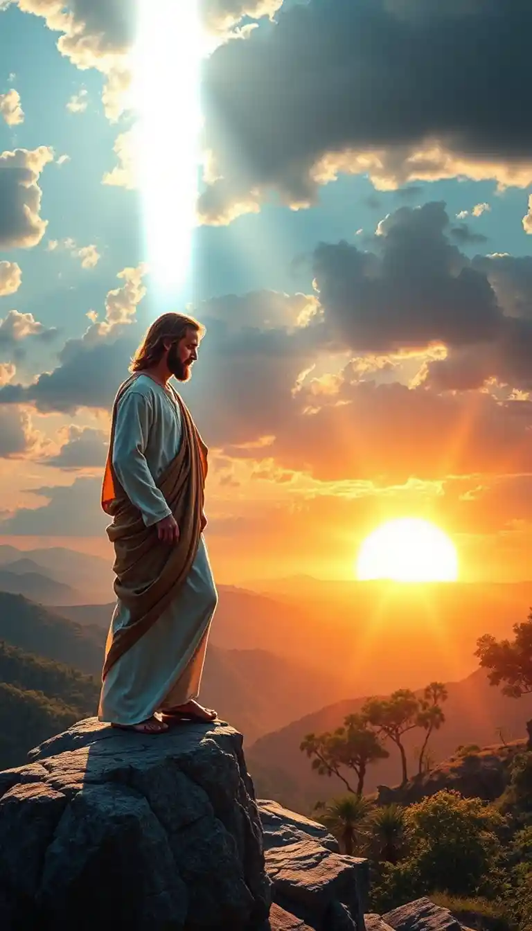 Jésus baigné de lumière dorée parlant à un apôtre