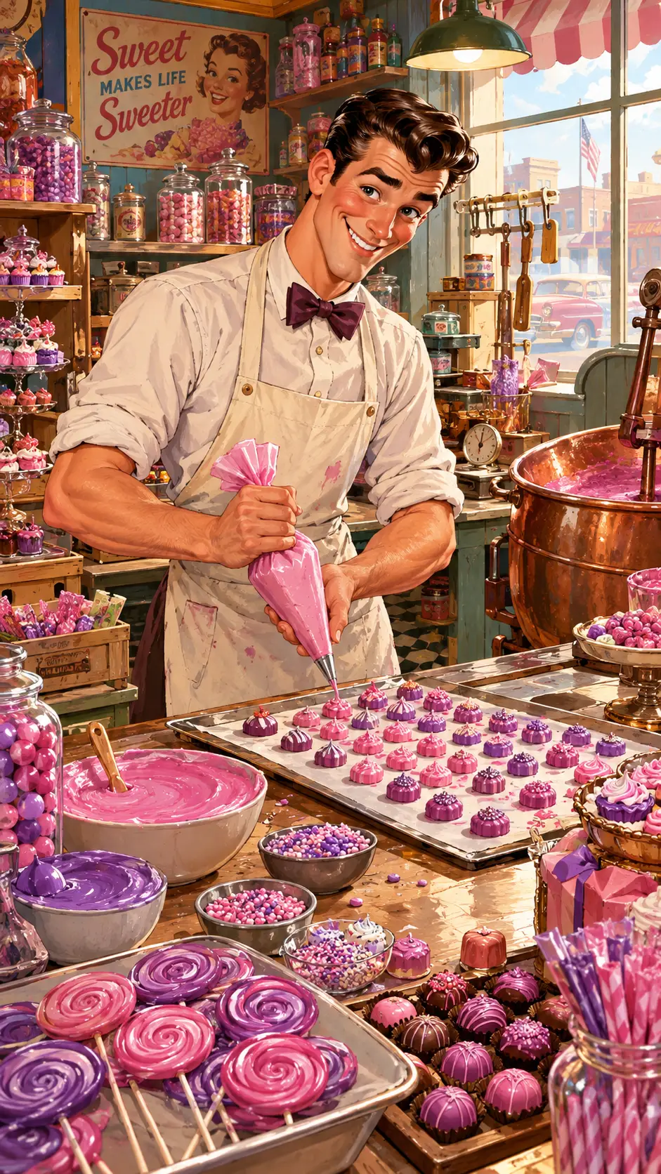 Confeiteiro dos anos 1950 criando doces coloridos de fantasia