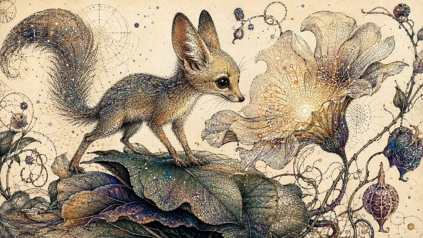 Tiny woodland creature studying a glowing forest flower