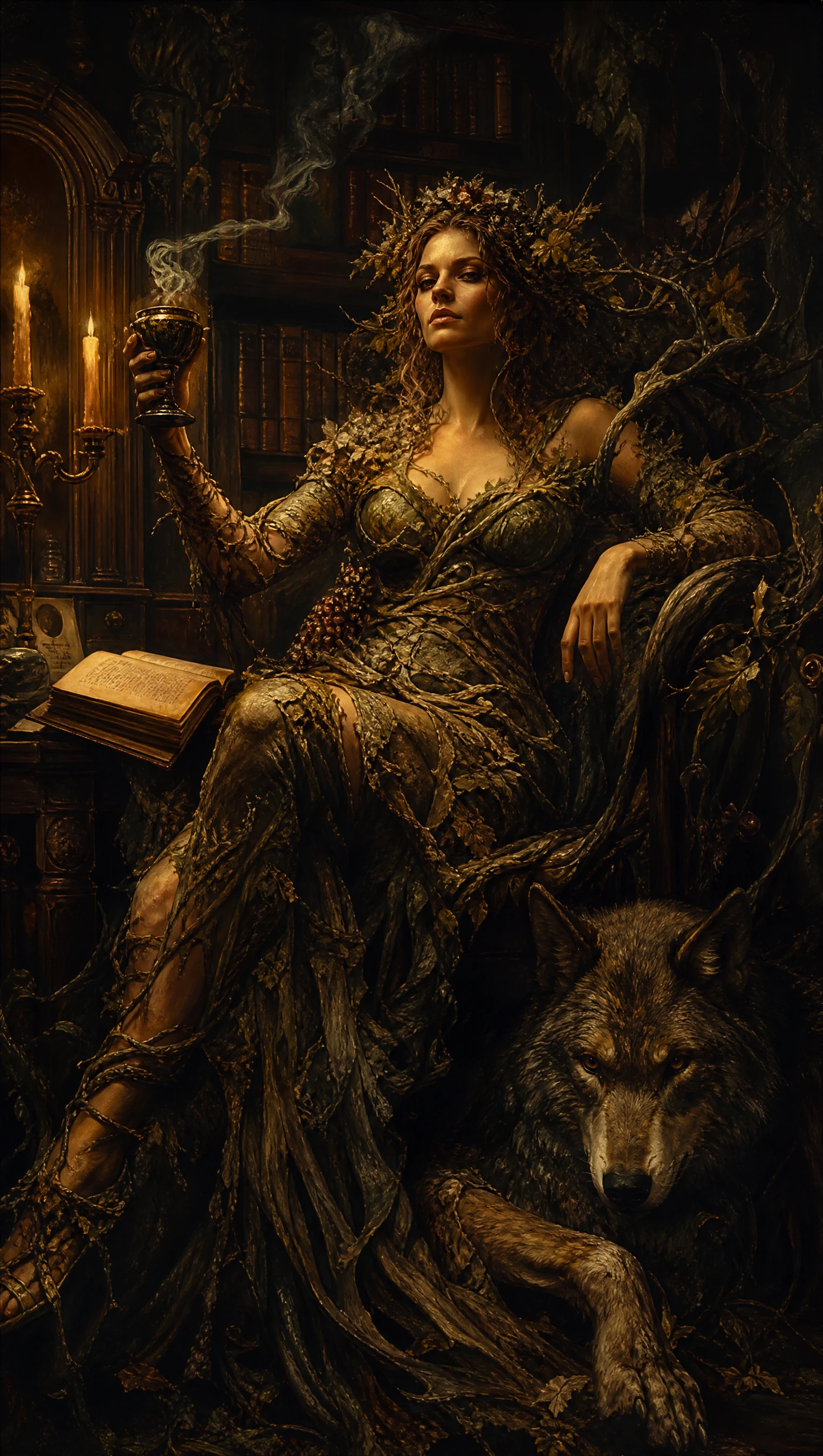 Ominous dryad in a candlelit baroque fantasy library