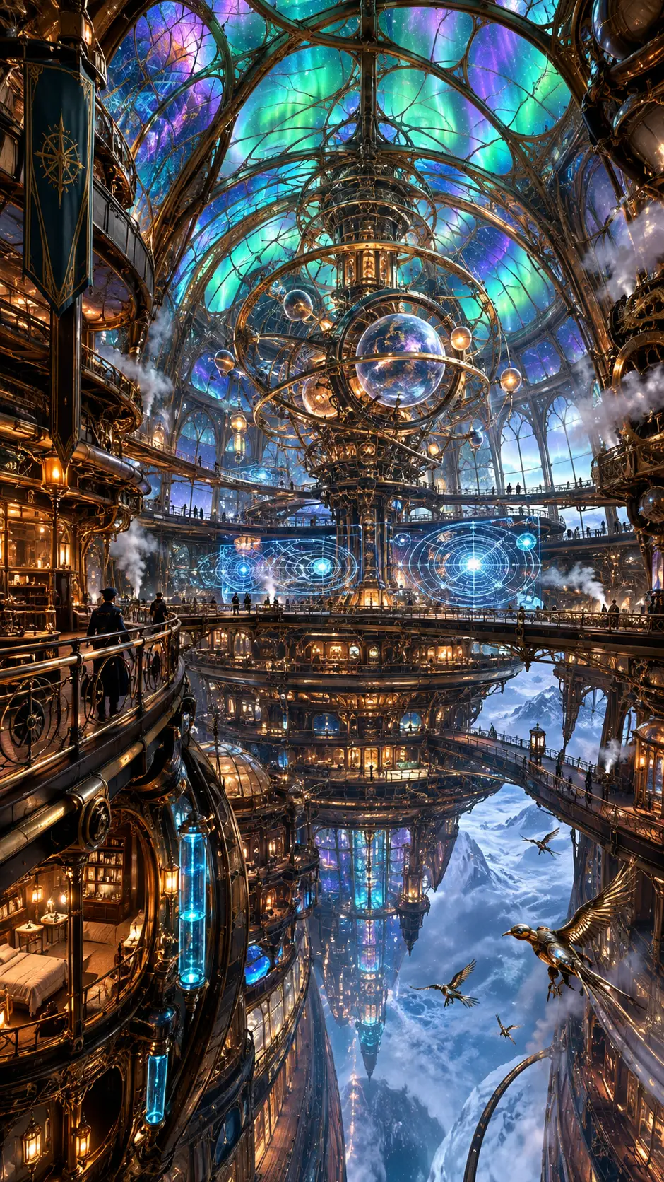 Cinematic interior of a colossal fantasy aurora ship