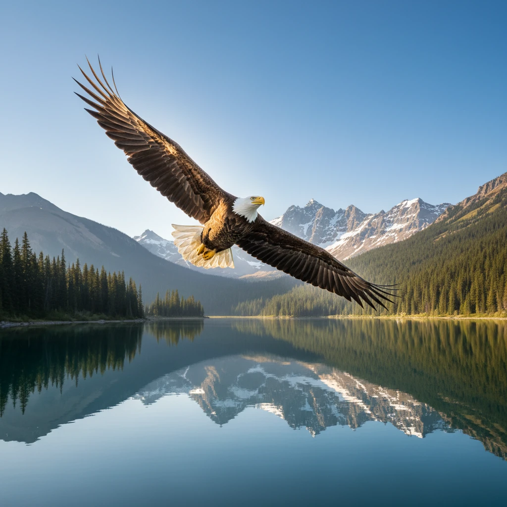Bald eagle soaring above a tranquil mountain lake