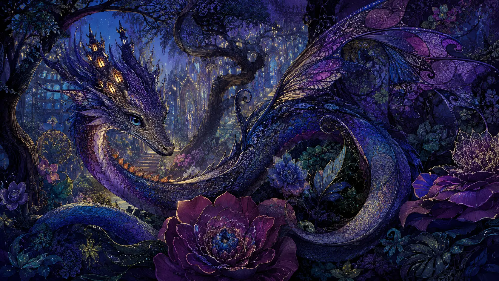 Slender dragon winding through a surreal enchanted garden