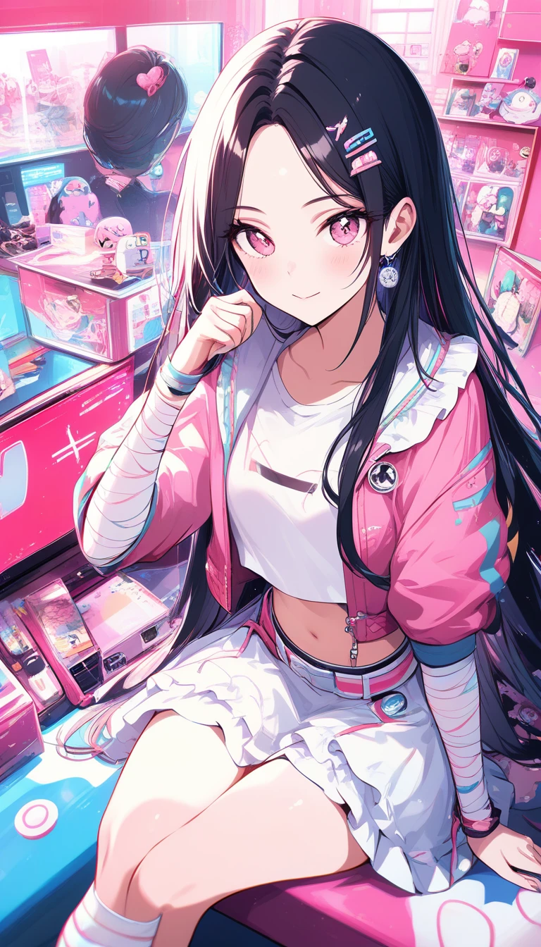 Pink haired anime girl posing in a futuristic store