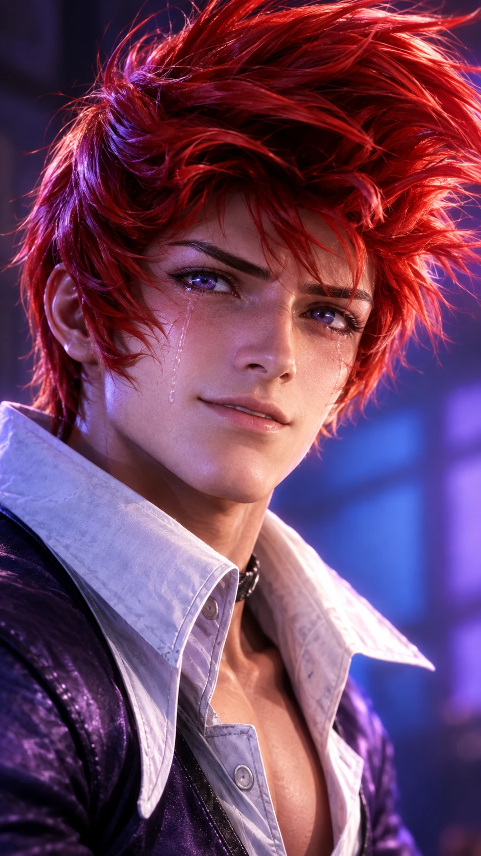 Red haired anime man close up with a tearful smile