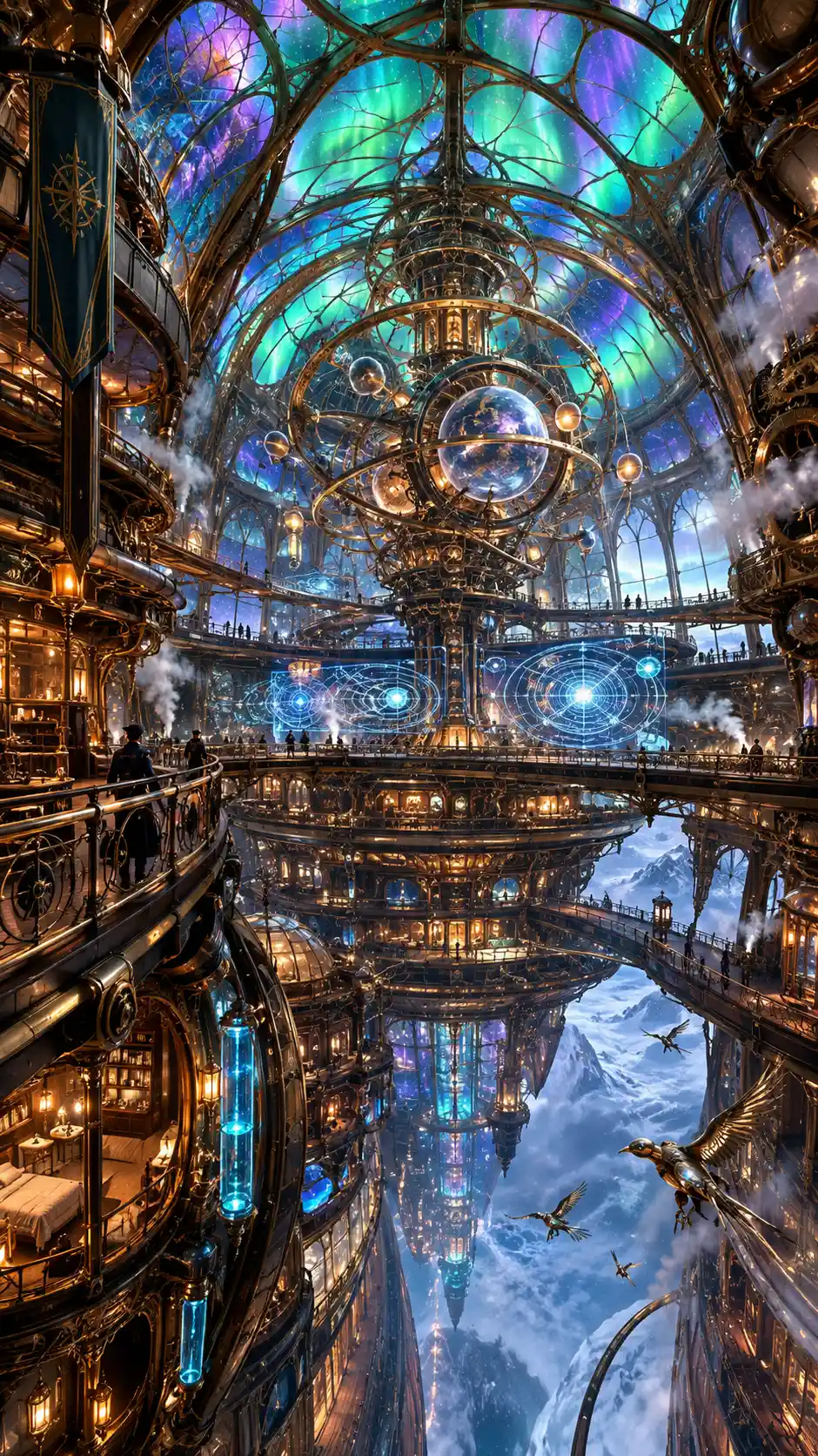 Interior cinematográfico de una colosal nave fantástica de aurora