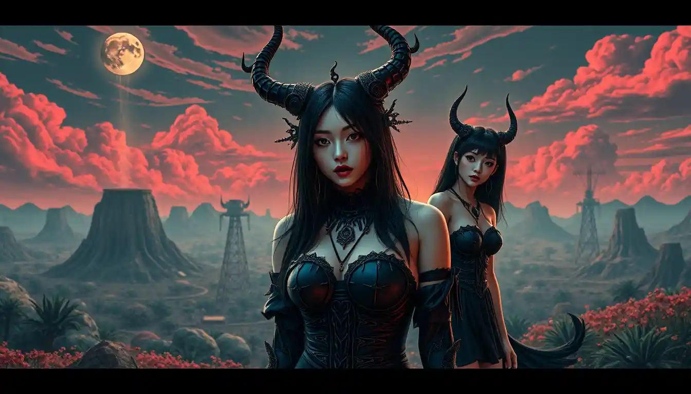 Paisagem utópica surreal com uma mulher de humor sombrio