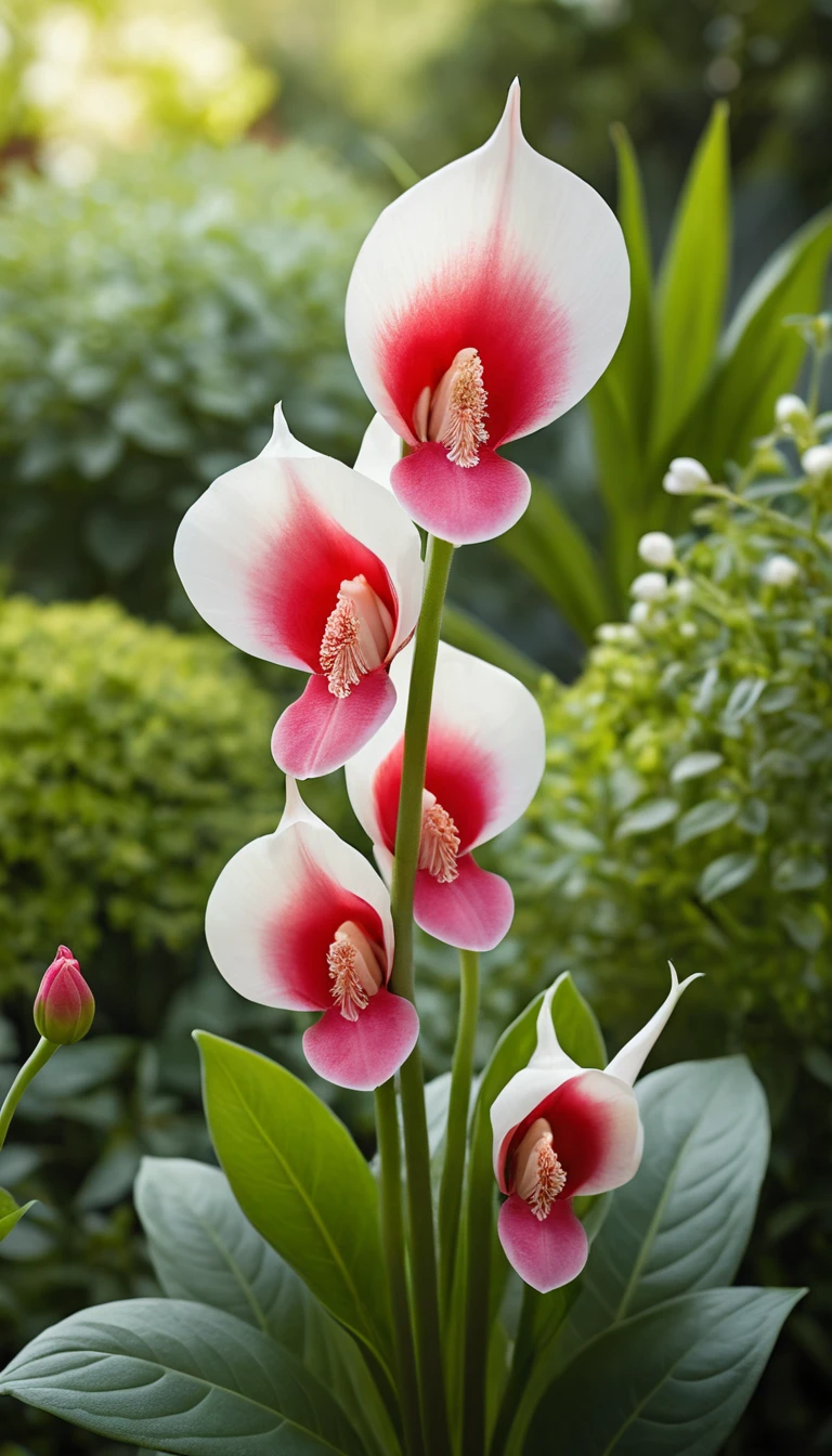 Makro-Nahaufnahme von roten und weißen röhrenförmigen Gartenblumen