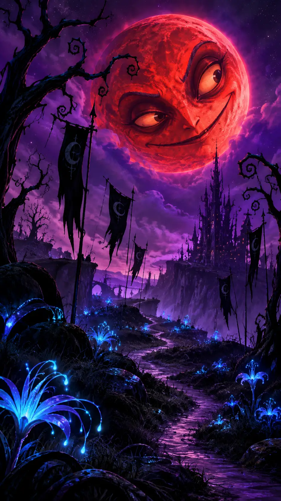 Mystical red moon over twisted trees in night landscape