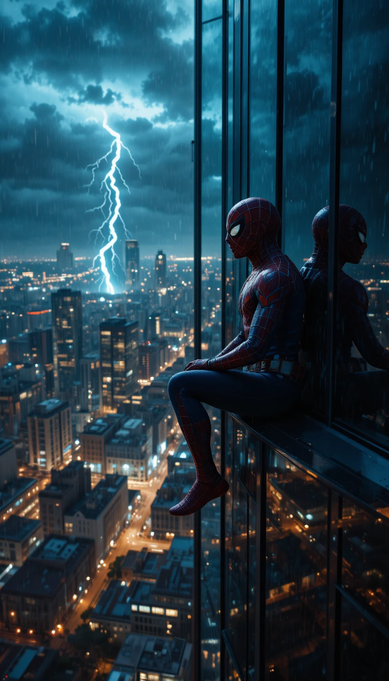 Superhéroe en muro de rascacielos de cristal en ciudad neón tormentosa
