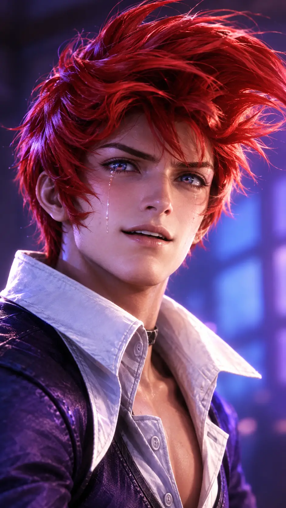 Homem ruivo de anime em close com sorriso emocionado
