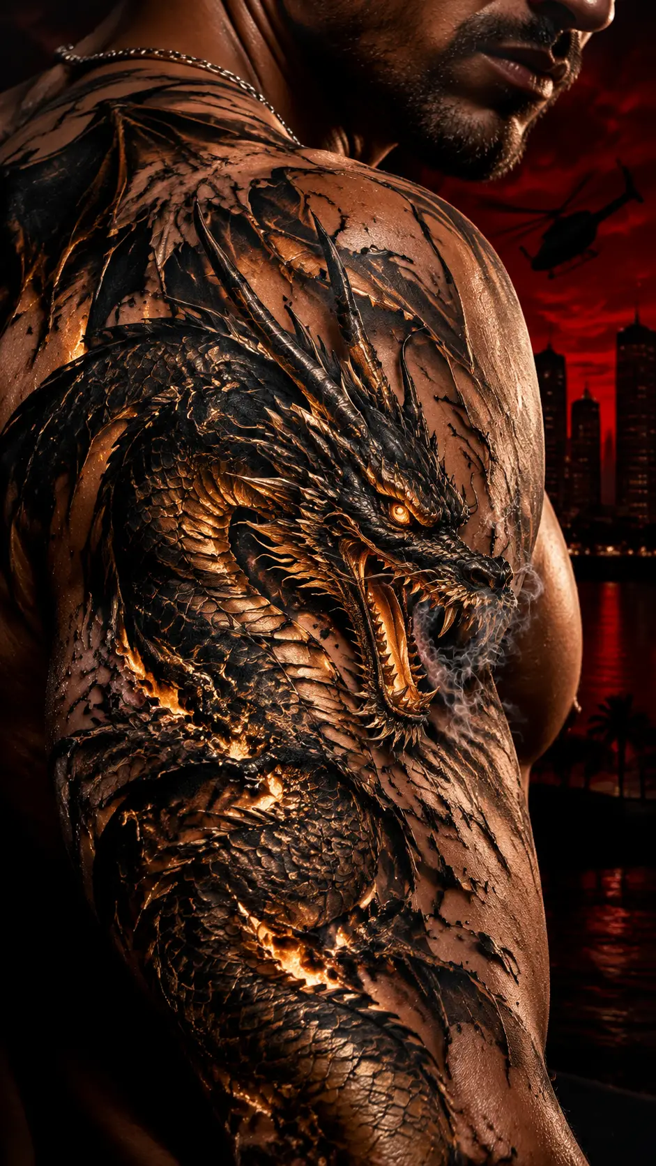 Close up dragon tattoo with glowing molten gold details