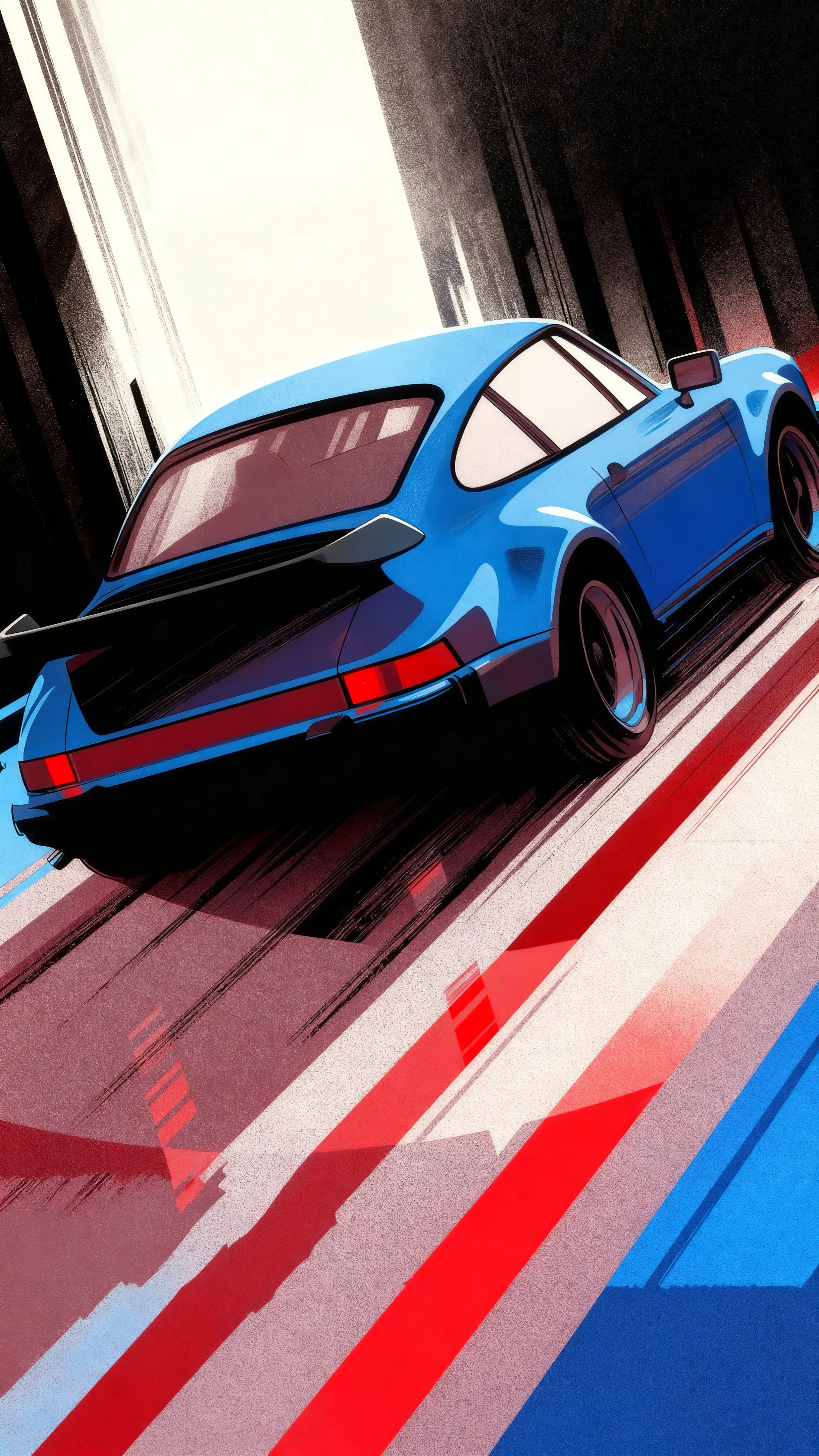 Blue sports car racing through abstract streaks of light