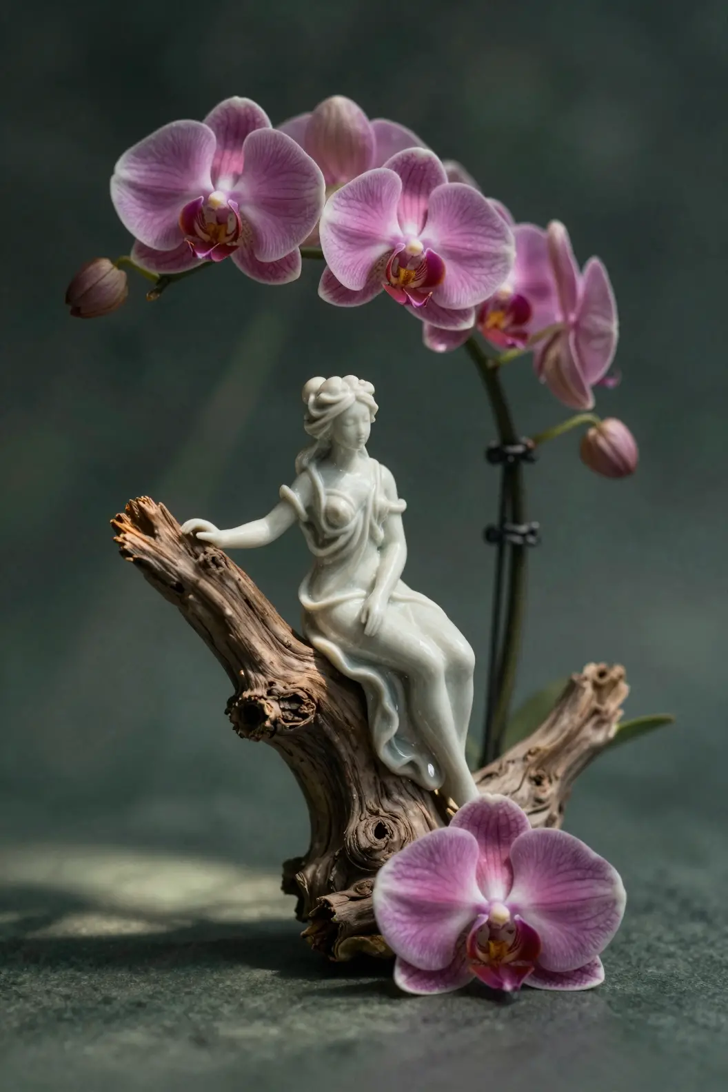 Deusa Fada de Porcelana em Madeira Flutuante com Orquídeas Rosas
