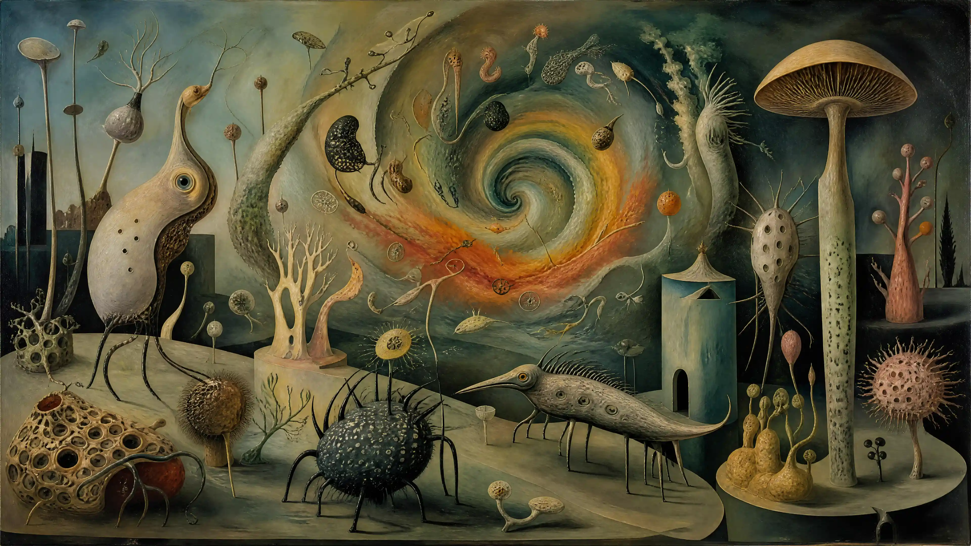 Pintura al óleo surrealista de criaturas híbridas en vívido movimiento