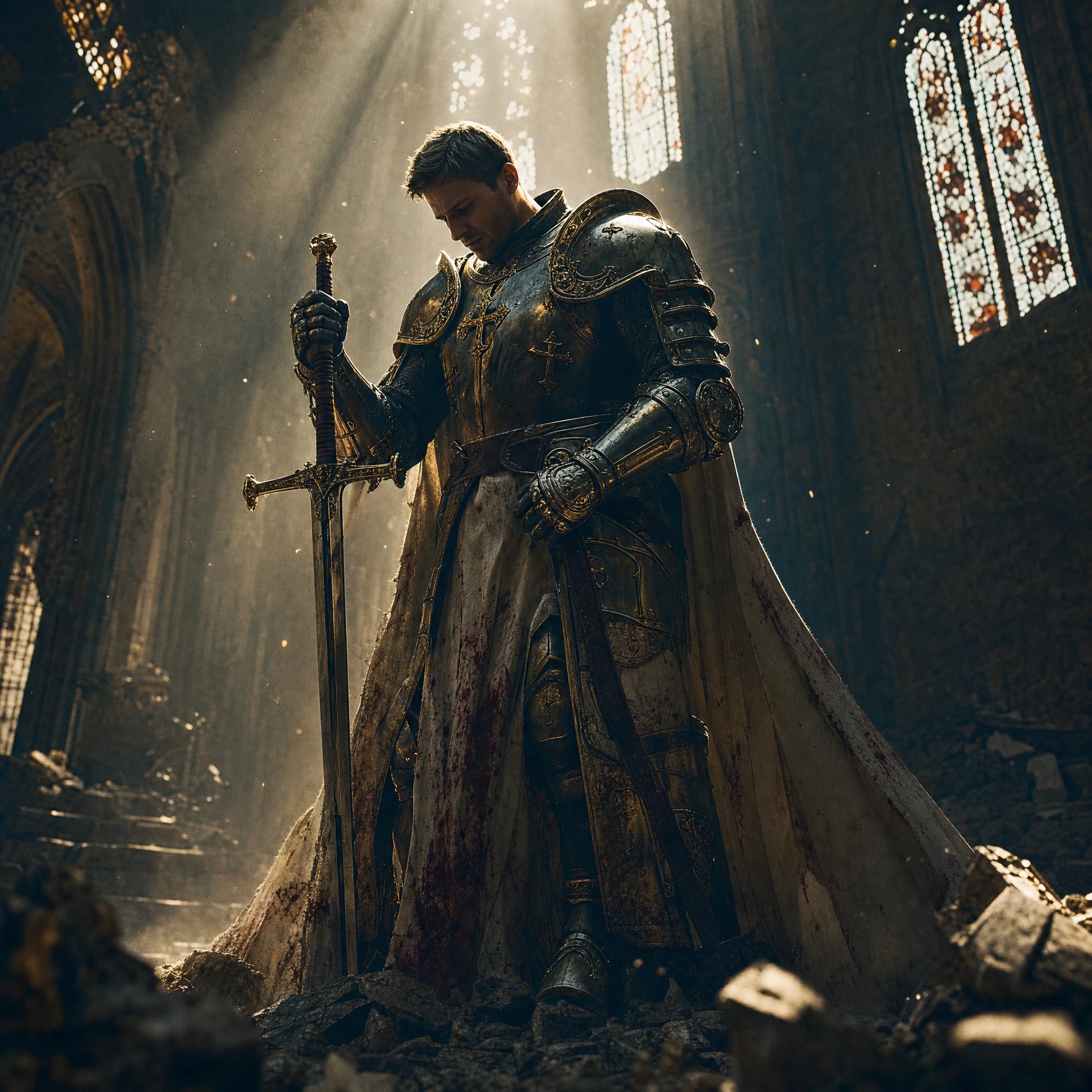 Holy knight in ruined cathedral bathed in divine light