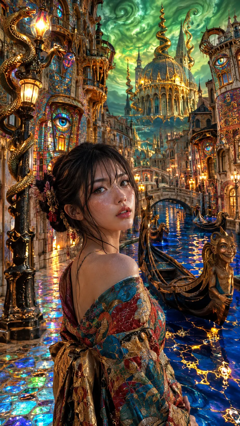 Jovem japonesa em cidade surreal com canais luminosos