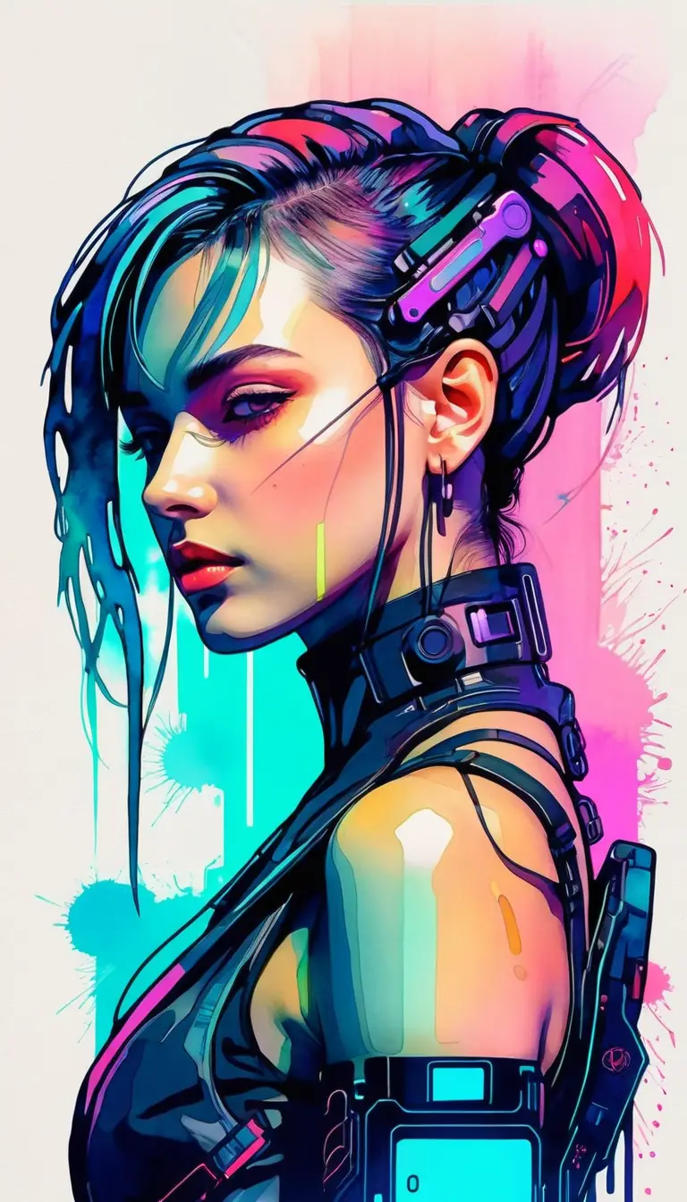 Retrato de chica cyberpunk en acuarela con suaves colores neón