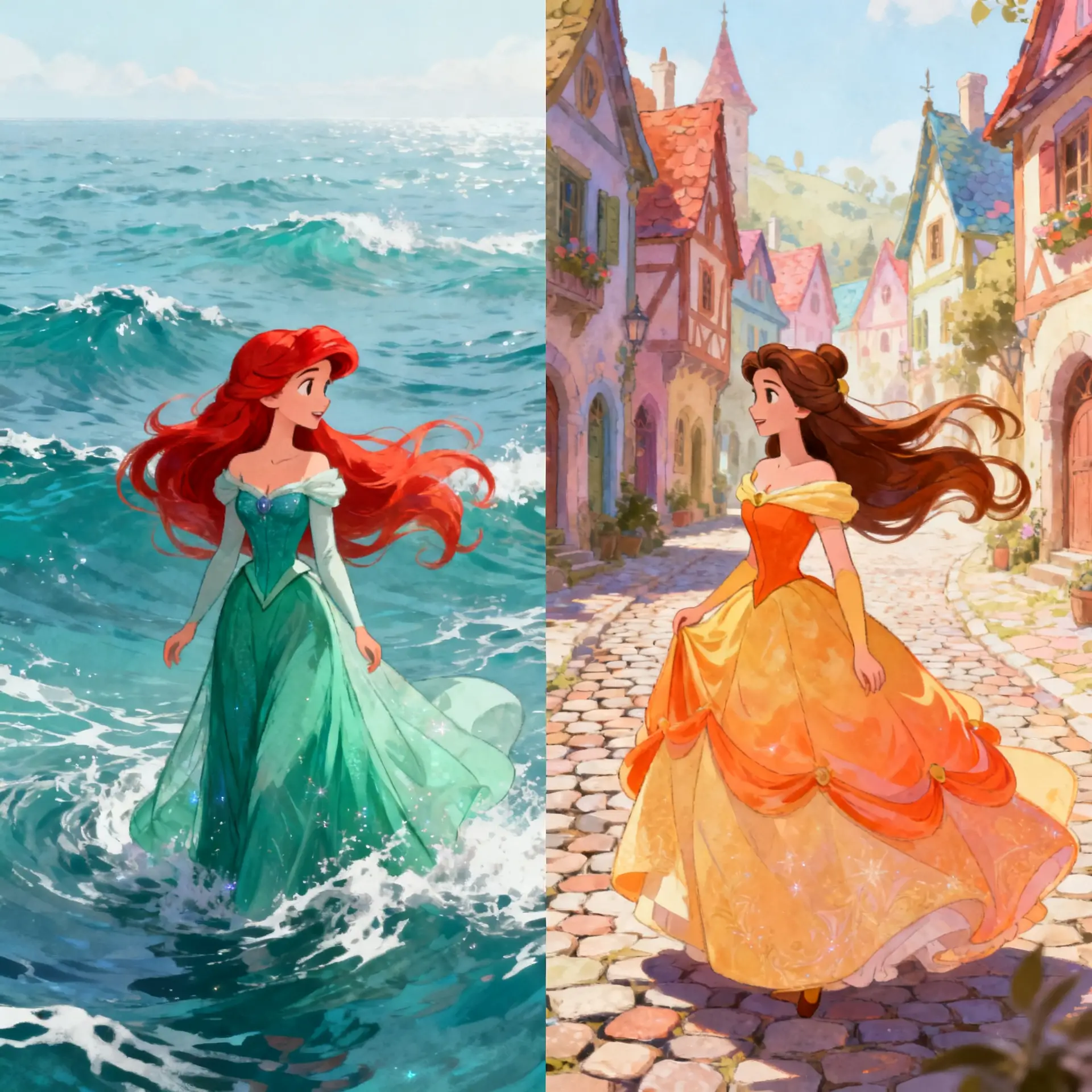 Princesa ruiva em um vestido verde-azulado sobre o vasto oceano