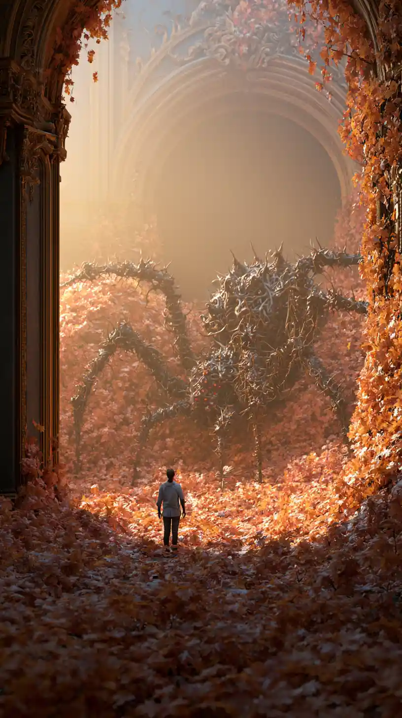 Enorme araña demoníaca entre hojas de otoño vibrantes al amanecer