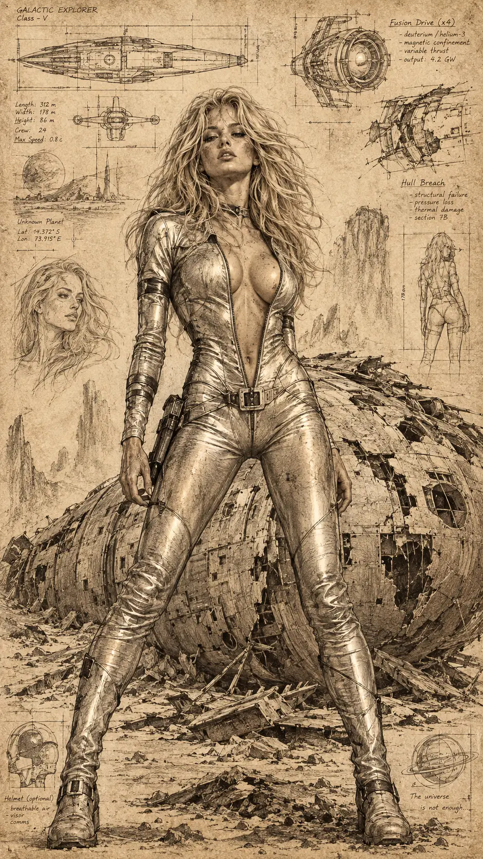 Heroína de ficção científica desafiadora ao lado de nave espacial arruinada – esboço