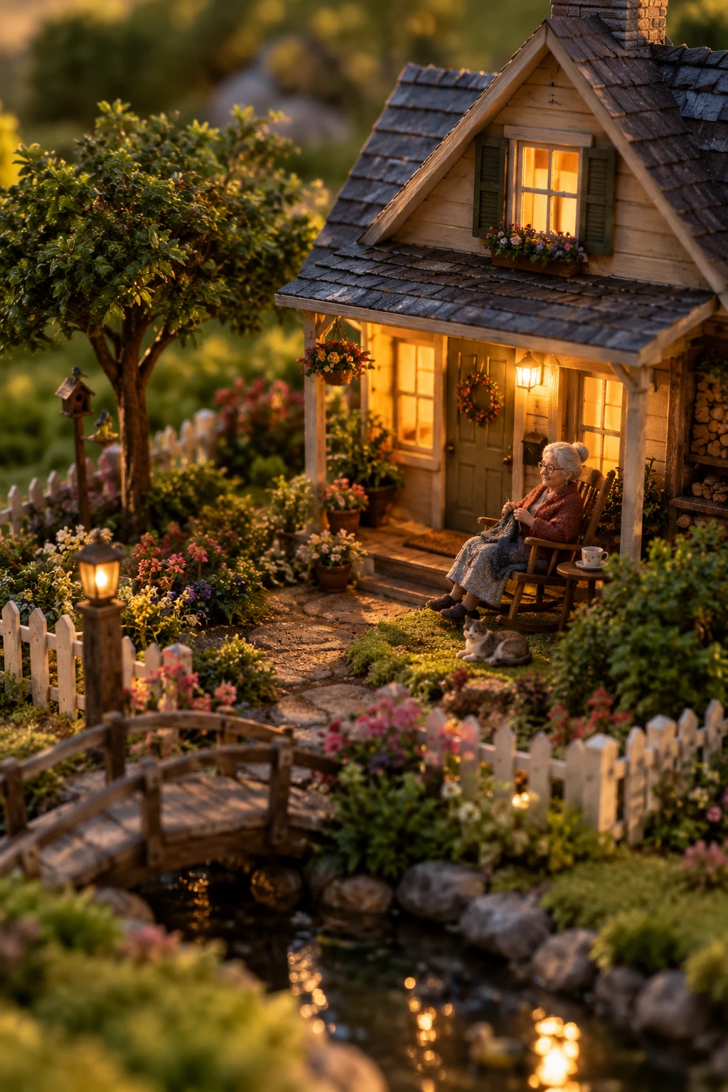 Miniature house with granny in a rocking chair outdoors