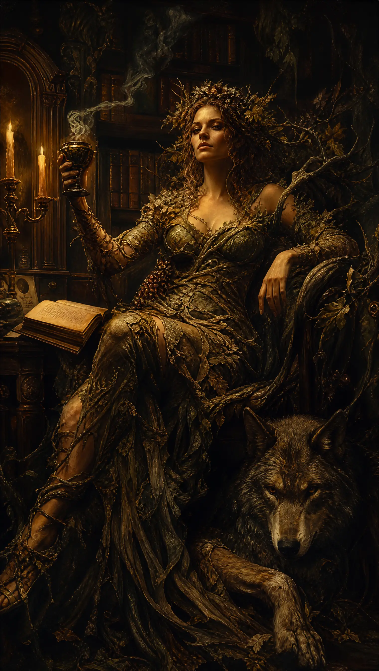 Unheilvolle Dryade in einer von Kerzen erleuchteten barocken Fantasy-Bibliothek