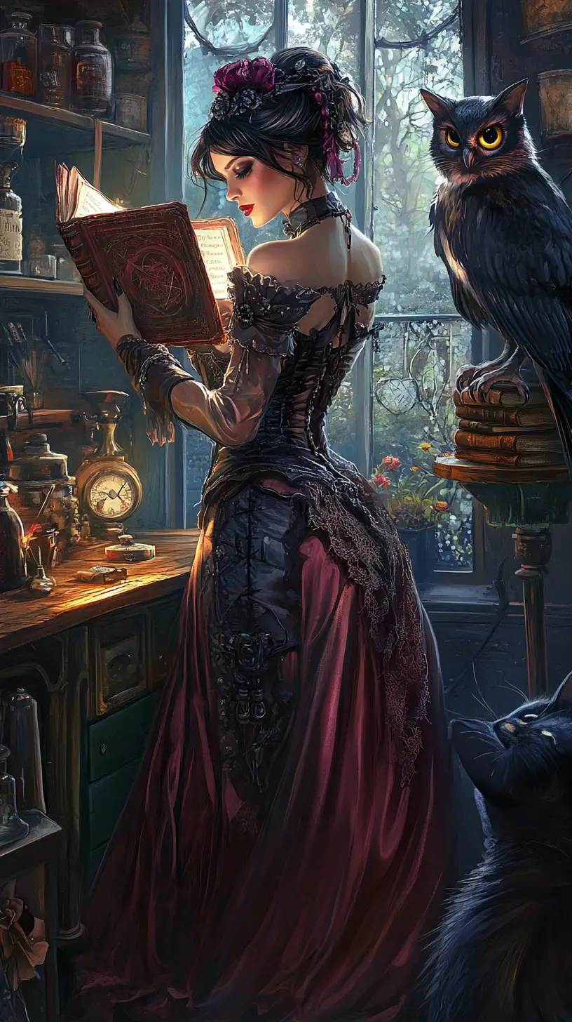 Mulher whimsigoth lendo um livro de feitiços em um ateliê de apotecário