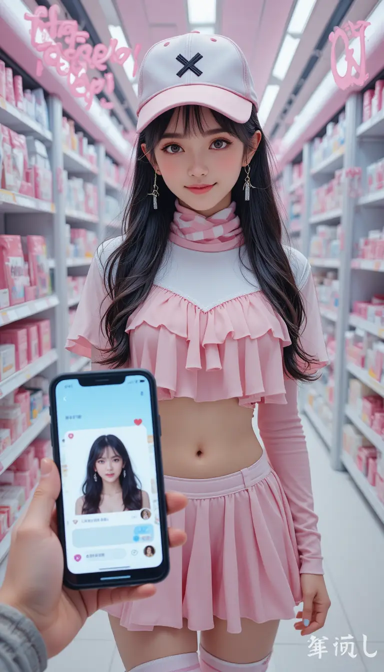 Garota de anime fofa de rosa em loja futurista