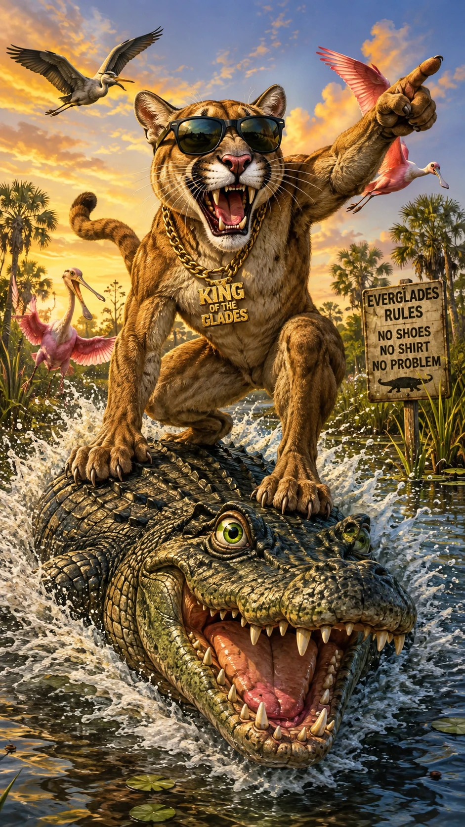 Florida panther surfing an alligator in colorful marsh