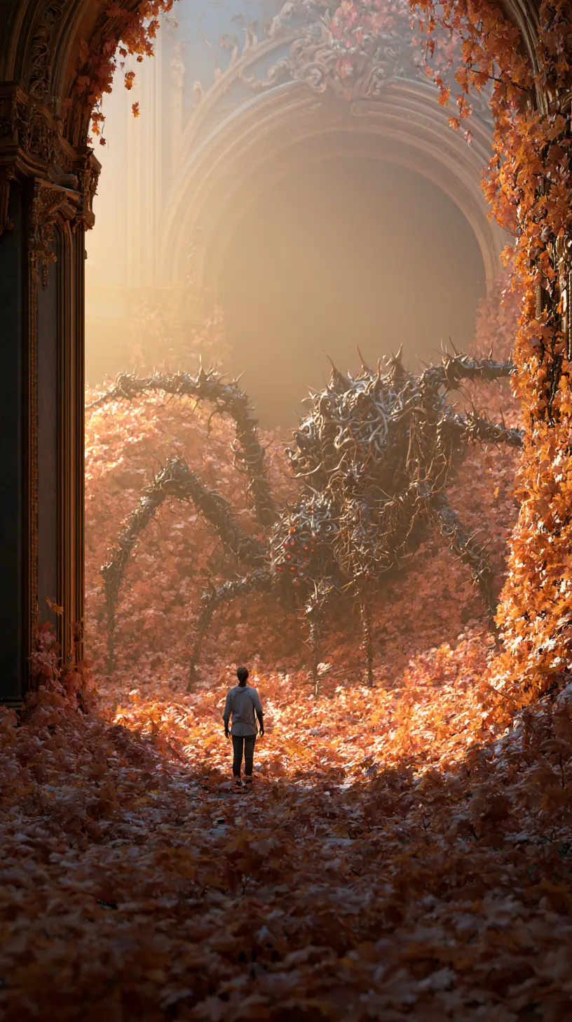 Enorme araña demoníaca entre hojas de otoño vibrantes al amanecer
