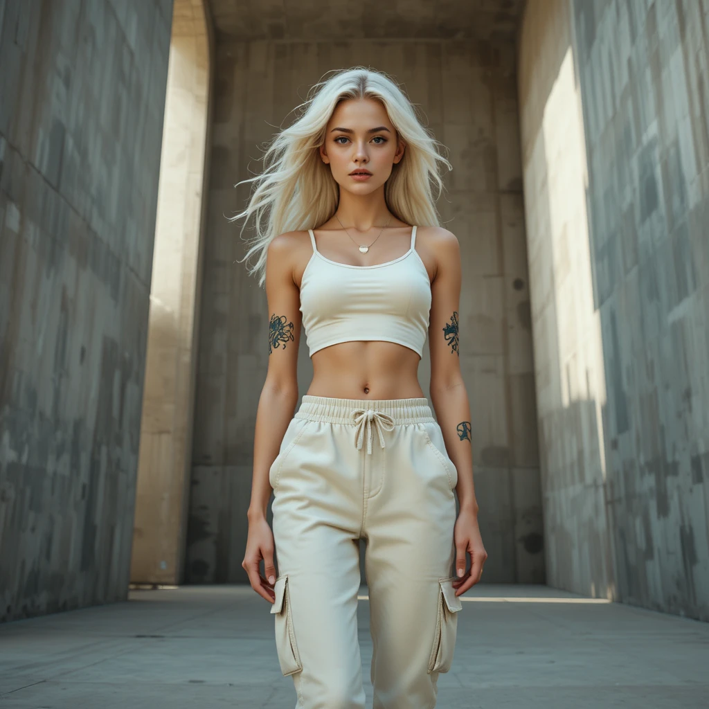Slim blonde woman in cream outfit in brutalist space