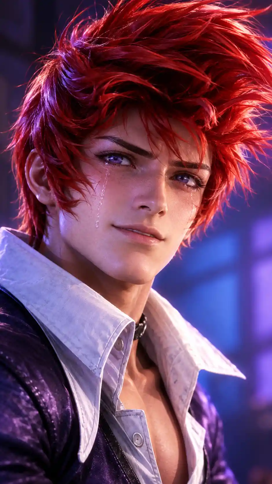 Homem ruivo de anime em close com sorriso entre lágrimas