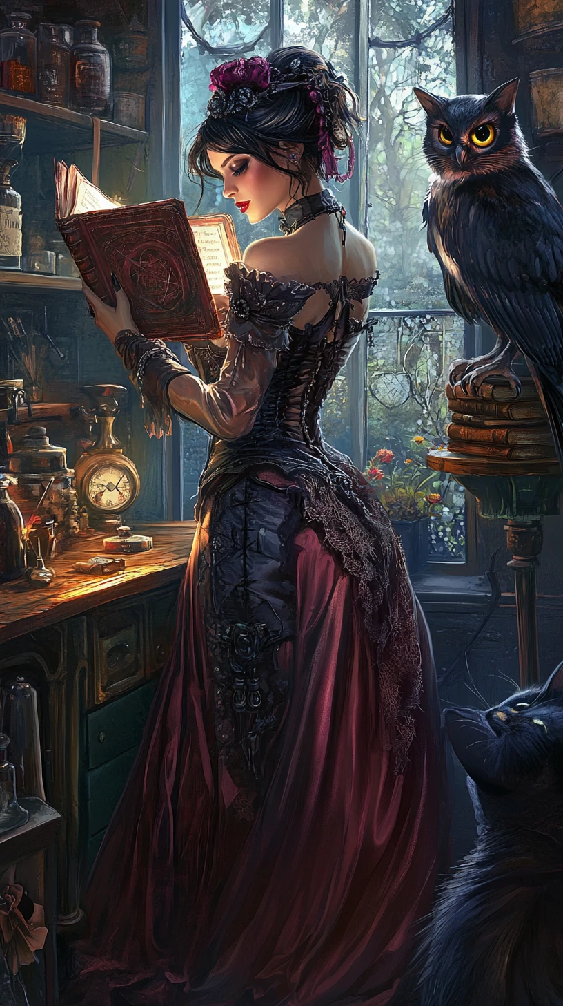 Mulher whimsigoth lendo um livro de feitiços em um ateliê de apotecário