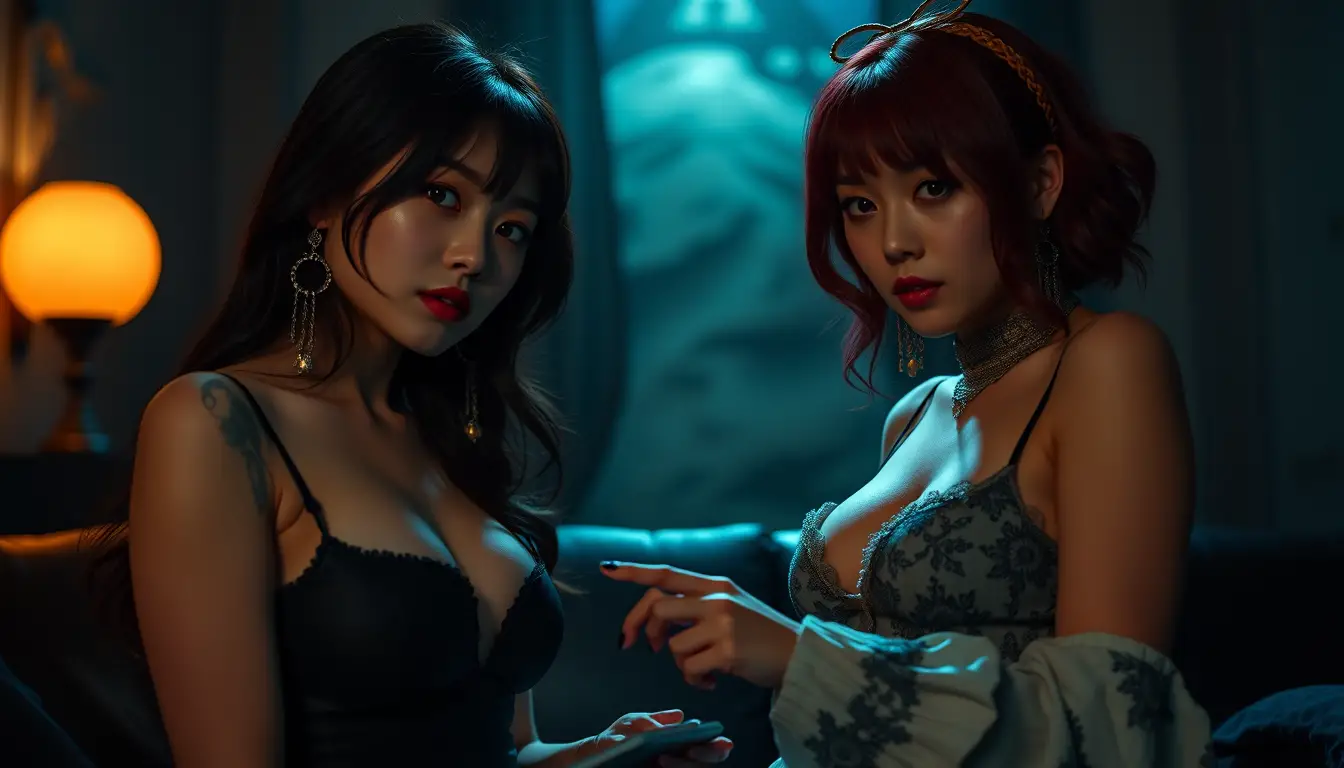 Cena de fantasia sombria e sedutora com duas mulheres misteriosas