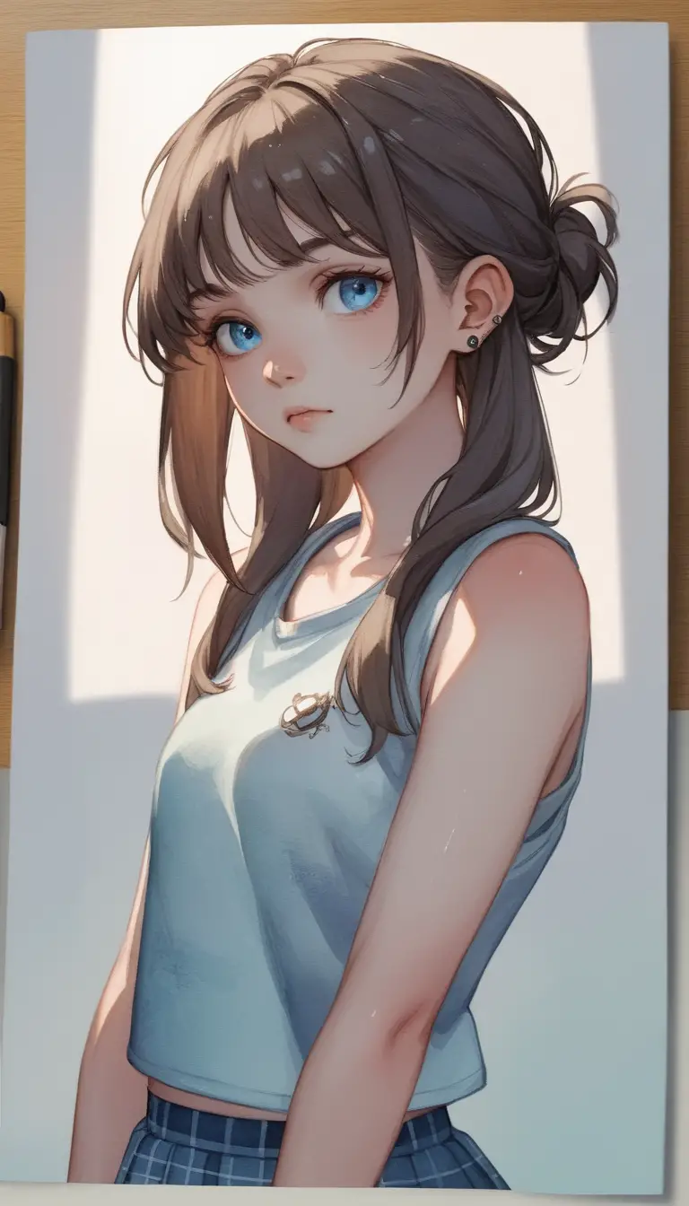 Garota escolar de anime fofa em close com olhos azuis