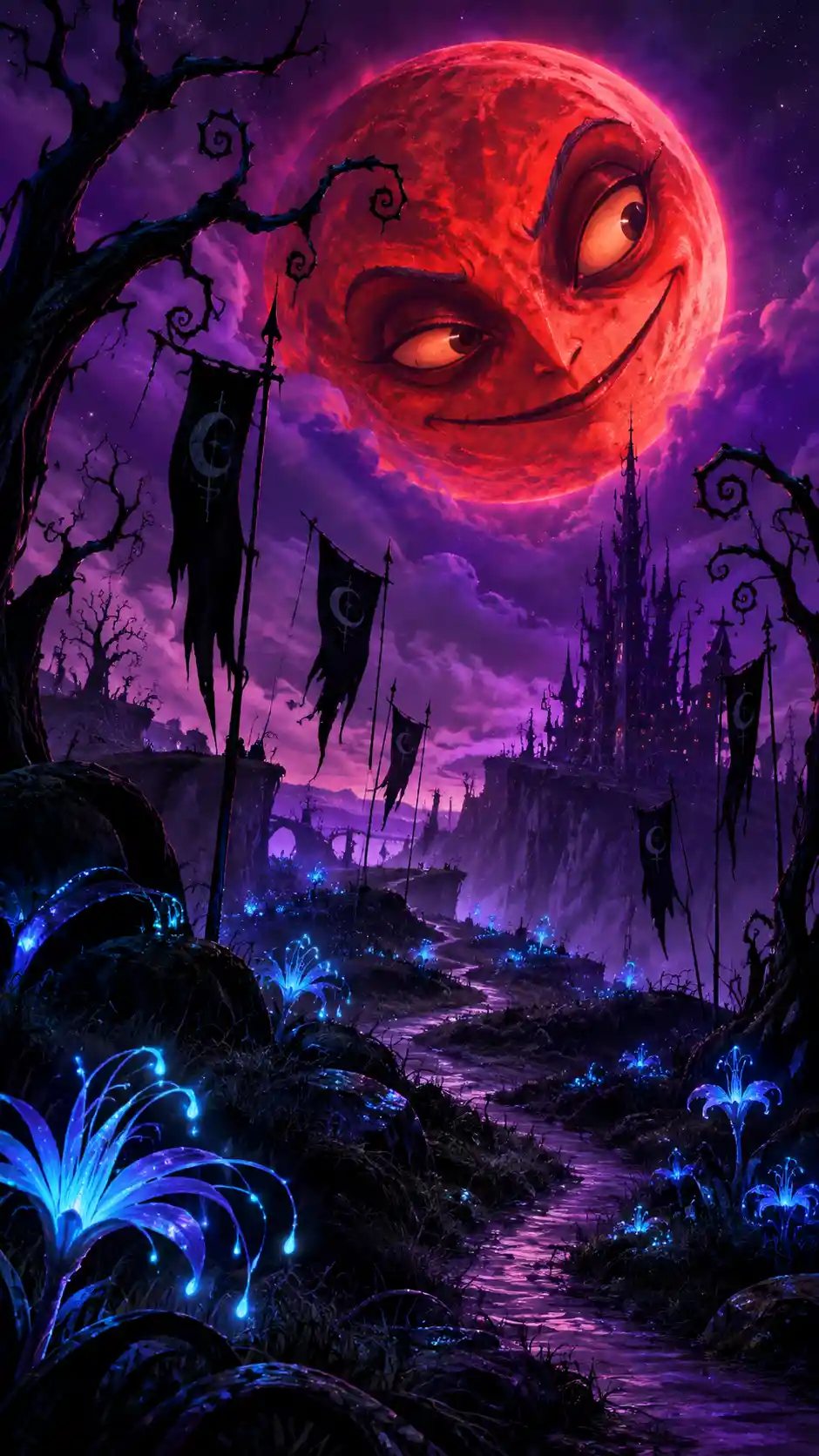 Mystical red moon over twisted trees in night landscape